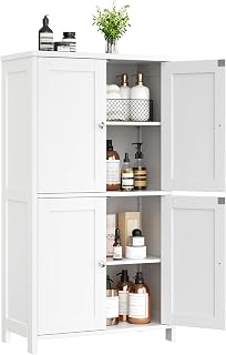 Shintenchi 4-Door White Bathroom Floor Storage Cabinet with Adjustable Shelves, Waterproof Organization for Laundry Room