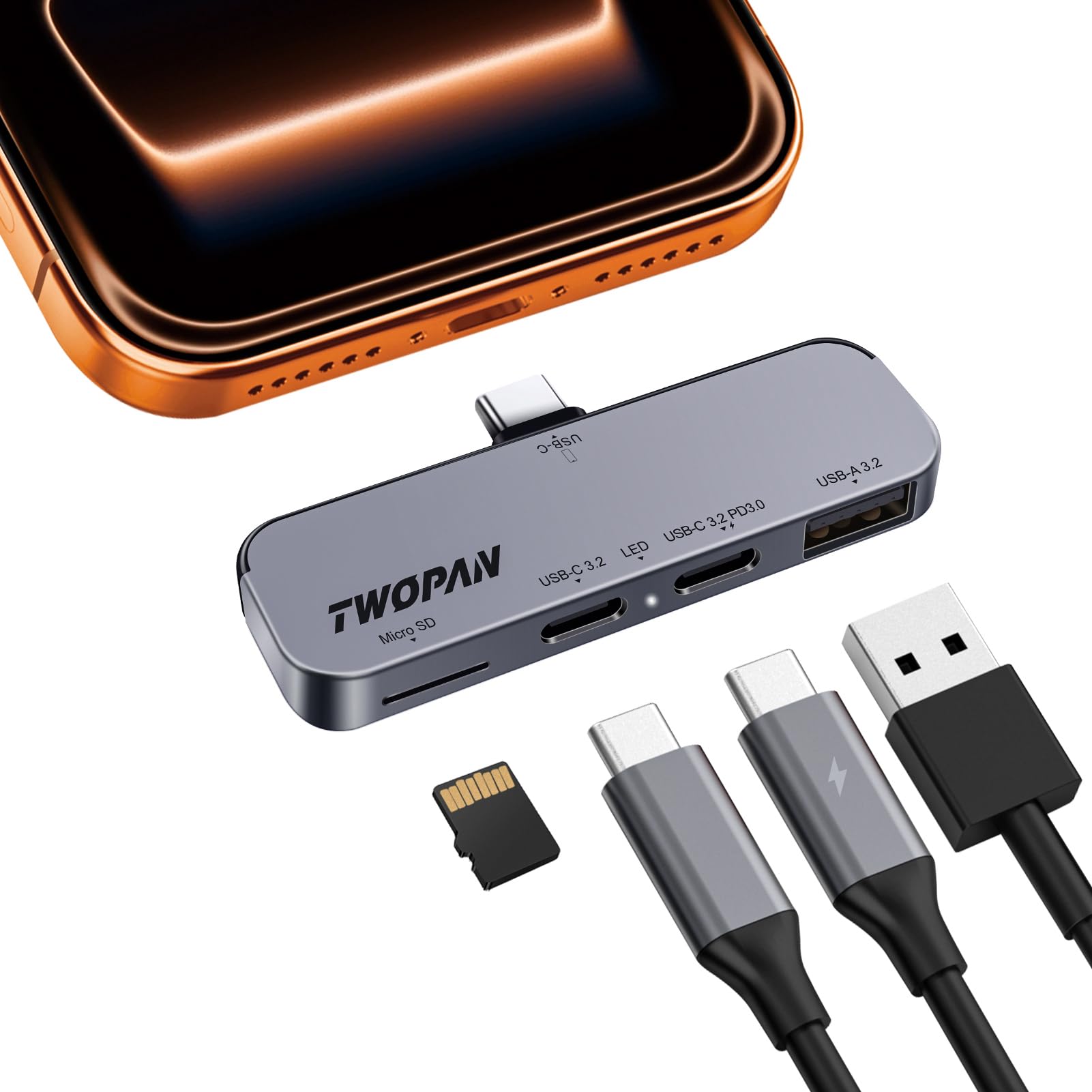 TWOPAN USB C iPhone Hub for ProRes Video Recording - Ultra-Slim Aluminum USB 3.2, Dual USB-C, Micro SD, and Charging Port Hub for iPhone 17/16/15 Pro/Pro Max