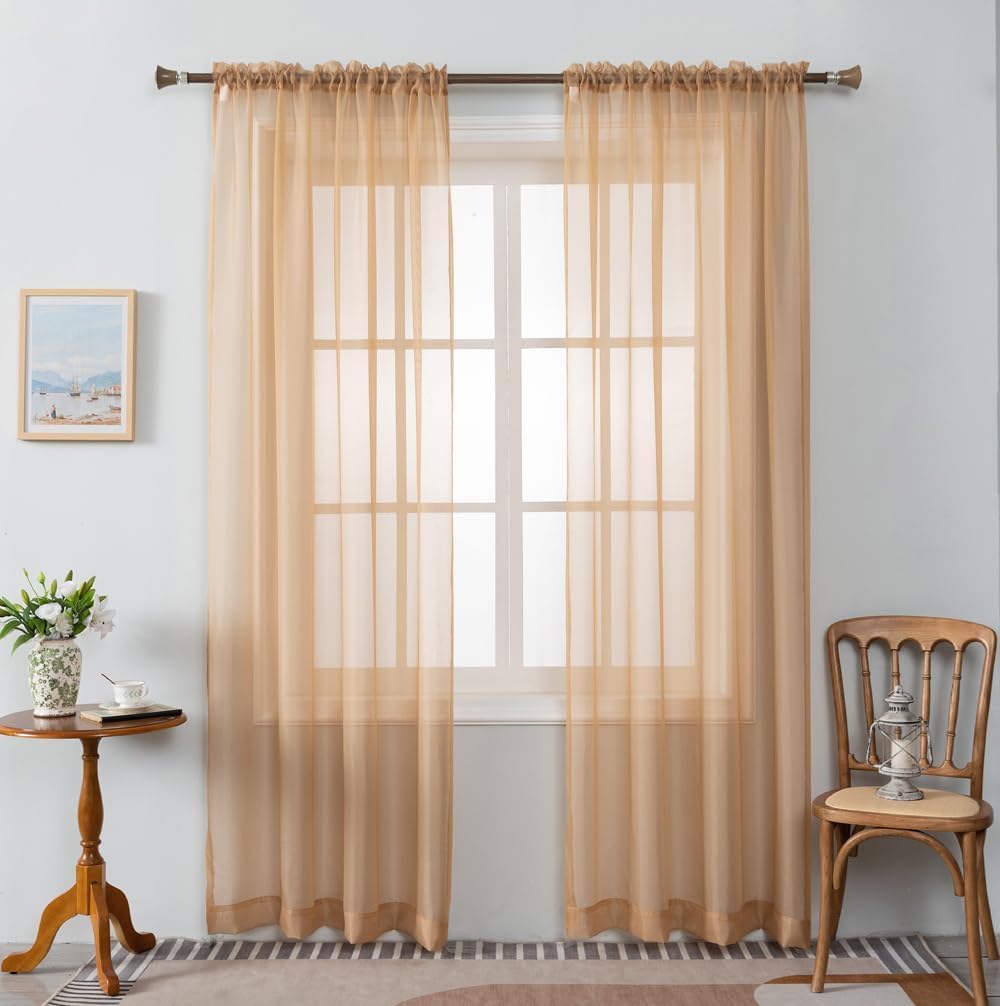 WPM Gold Sheer Curtains 58" Wide x 63" Long 2 Panels Livingroom Window Treatment Rod Pocket Sheer Voile for Bedroom, Kitchen, Childrens Room Fully Stitched and Hemmed