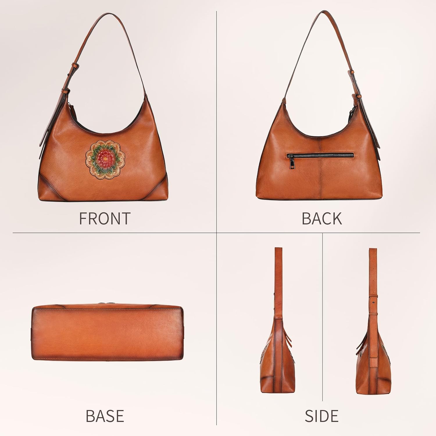 Genuine Leather Shoulder Bag for Women,Vintage Brown Embossed Floral Tote Handbag,Soft Cowhide Hobo Purse with Large Capacity for Everyday Use - Image 3