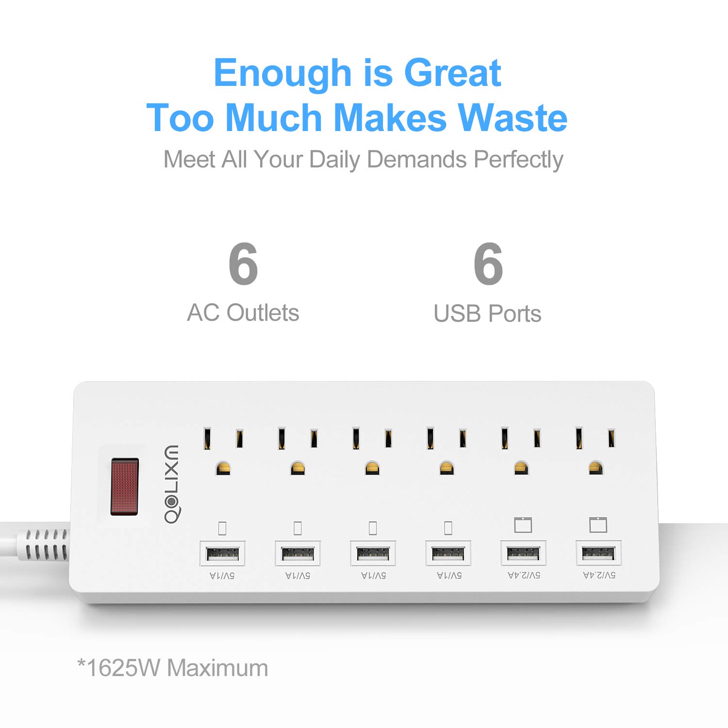 Power Strip Surge Protector z portami USB Płaska wtyczka z ochroną przed przeciążeniem (White)