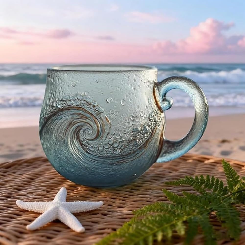 Taza de vidrio de mar hecha a mano, taza de vidrio soplado a mano de 12 onzas con textura de playa, té, café, vino, vasos únicos 2