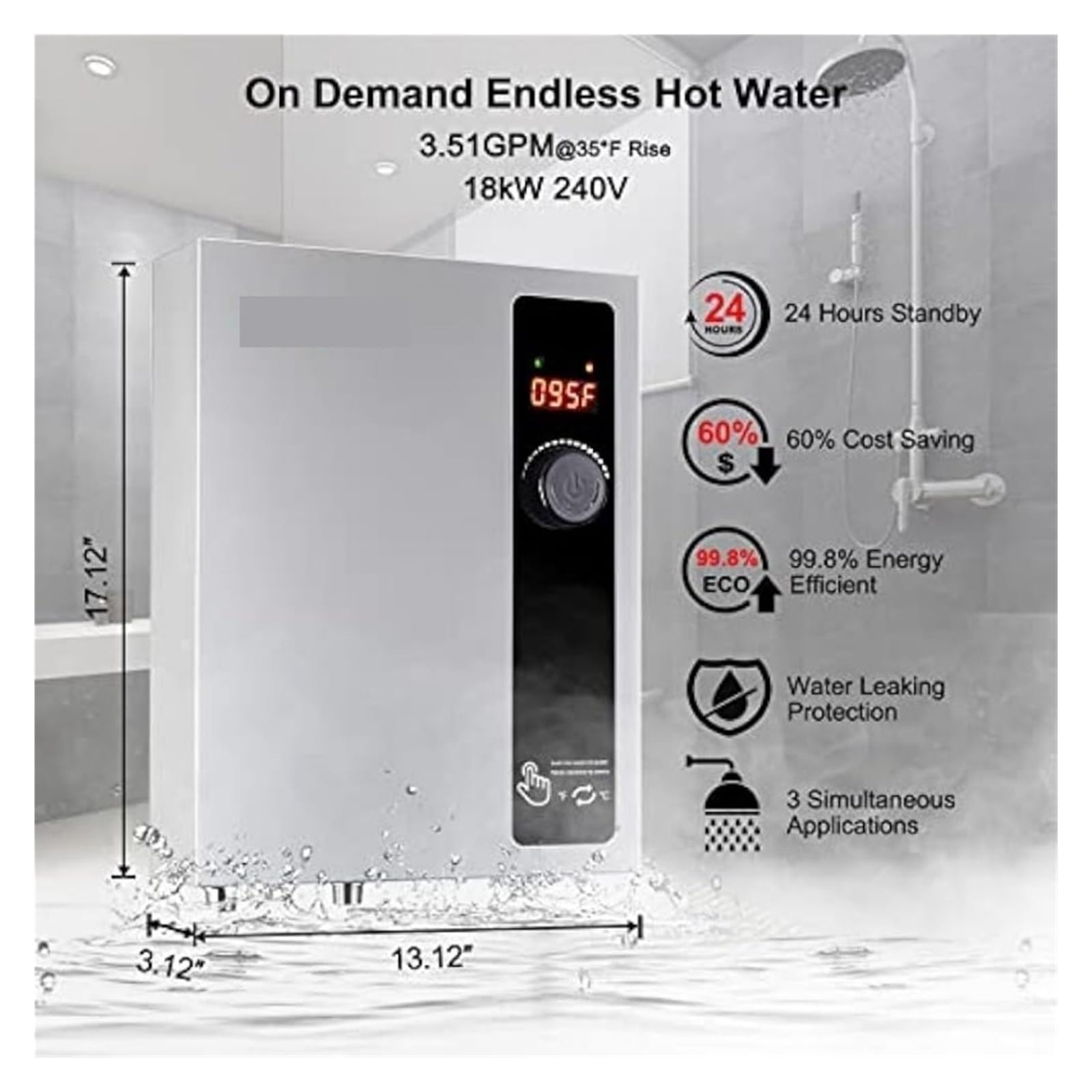 Podgrzewacz wody bez zbiornika, Bezzbiornikowy Podgrzewacz Wody Elektryczny Natychmiastowy, Nieograniczony Podgrzewacz Ciepłej Wody O Mocy 18 KW, Cyfrowy Wyświetlacz Temperatury Łatwa Instalacja
