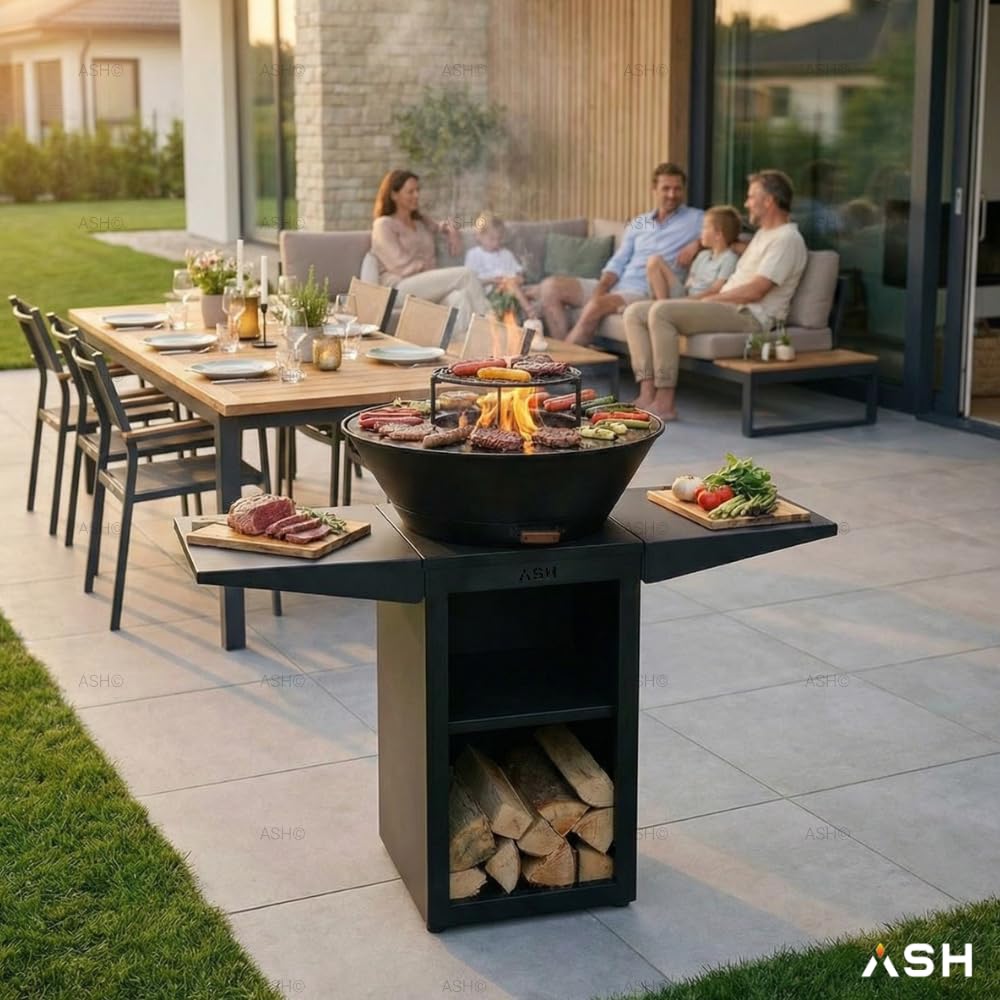 ASH Phoenix - Plancha Grill de Jardin Avec Cheminée - Noir - Acier - Barbecue Brasero Outdoor 60Ø x 115cm - Extra Large - Rangement Bois
