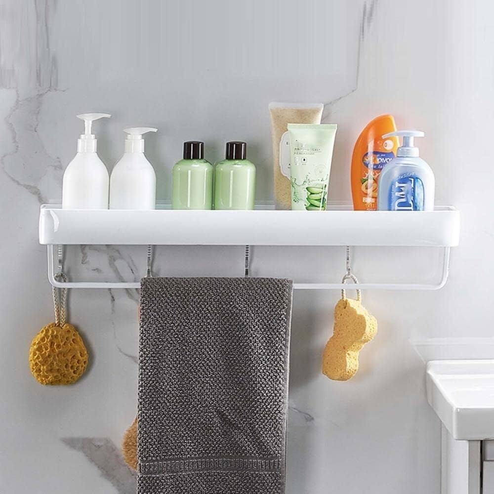 Porte-serviettes de salle de bains, Étagère De Bain Sans Perçage, Fixation Murale for Salle De Bain Avec Crochet, Espace Blanc En Aluminium