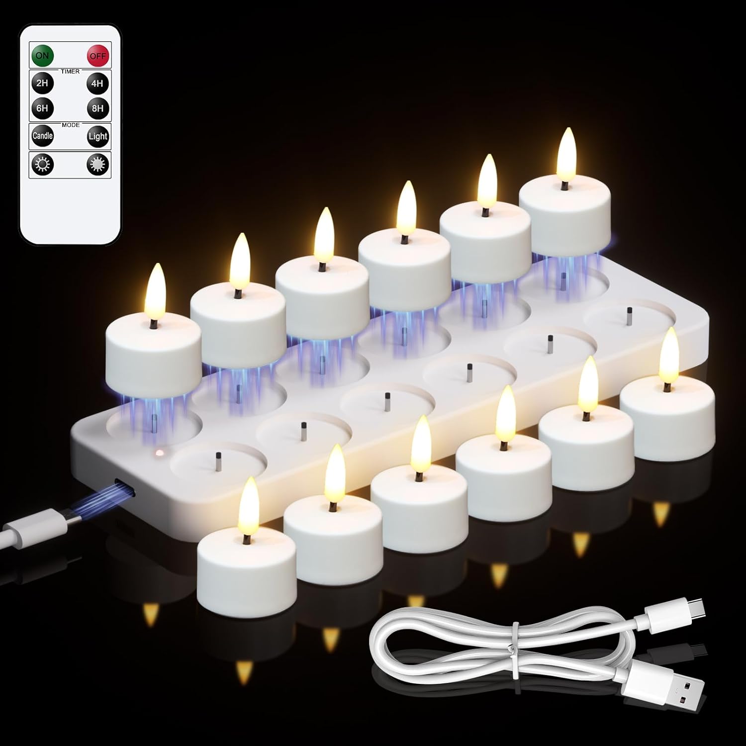 Rechargeable Tea Lights Candles Battery Operated, 12 Pcs White Battery Tea Lights with Remote and Charging Base, LED Flickering Tealights for Halloween Fall Christmas Decoration