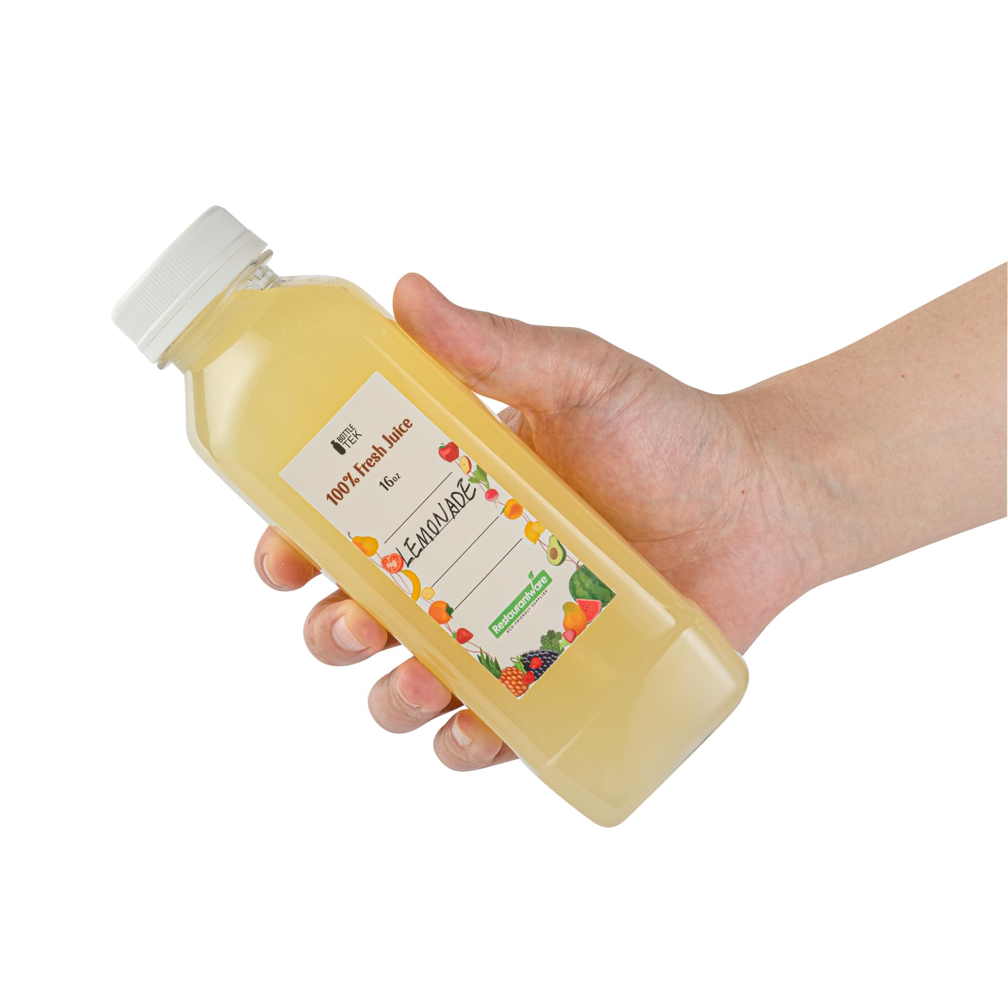 Restaurantware Botella Tek de 16 onzas para jugo, 1 botella con tapa, incluye etiqueta, tapa, cepillo y embudo, recipiente vacío de plástico transparente, para batidos, leche o agua