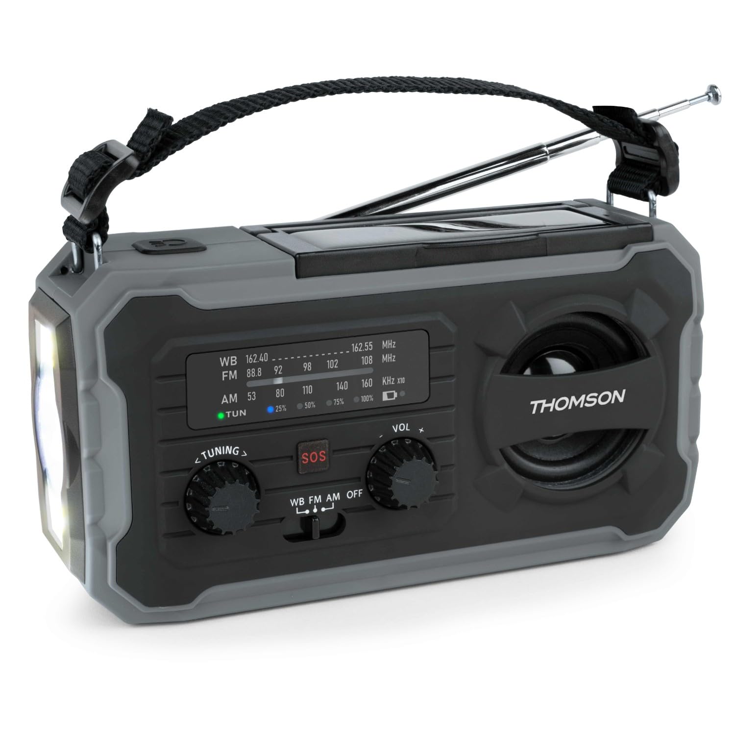 THOMSON Radio Solaire d’Urgence Portable, Survie Dynamo FM/AM, Lampe Torche LED, Alarme SOS, Batterie Rechargeable 4000mAh et Chargeur Smartphone USB-C, pour Camping, Dépannage – Gris - RT280G
