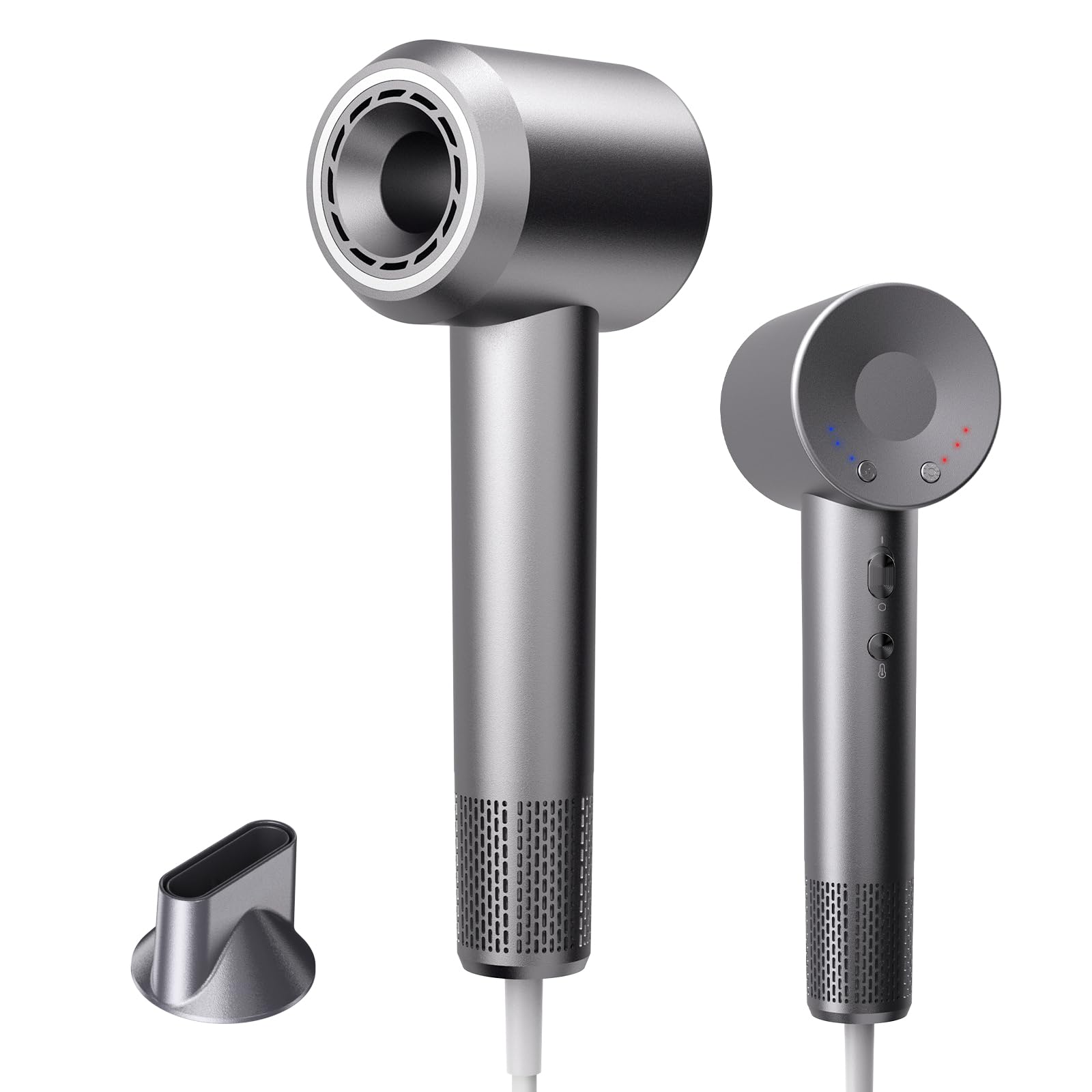 ドライヤー 1300W大風量 速乾 2025最新型 4段階風温自由調節 高濃度マイナスイオン コンパクト 持ち運び便利 低騒音 軽量 過熱防止 ヘアケア 冷熱風 マグネティックノズル付き ヘアドライヤー (グレー)