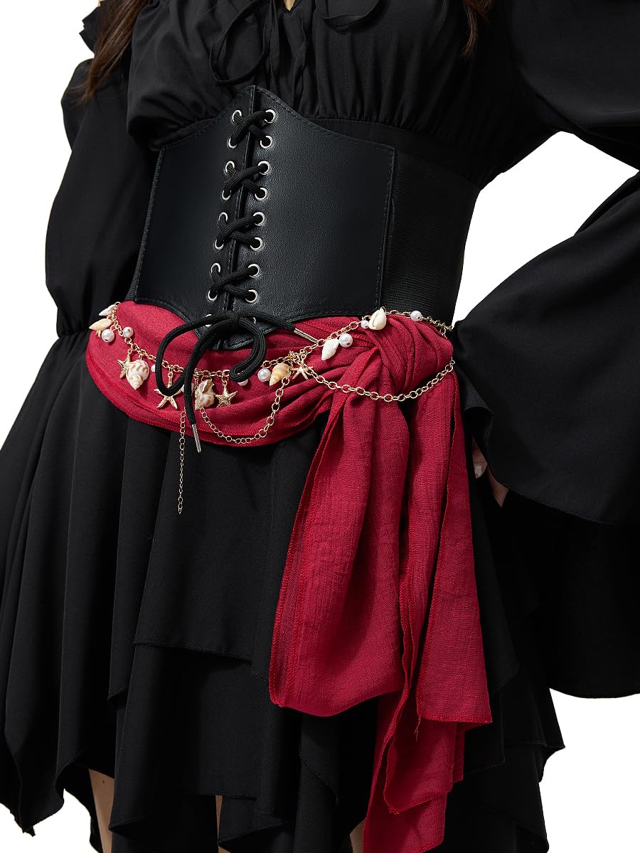 Costume pirate femme, robe à épaules dénudées avec corset, foulard & ceinture, chaîne de taille dorée coquillage + perles dreadlocks, déguisement carnaval adulte & soirée à thème