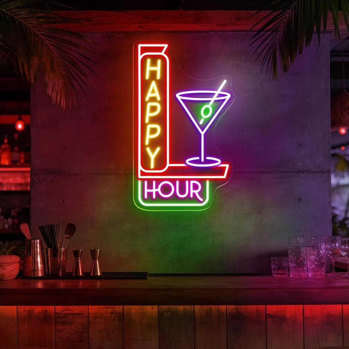 Happy Hour Neon Sign Dimmable Cocktails Neon Light Home Bar LED Light up Signs for Beer Bar Pub Man Cave Party Wall Art Decor