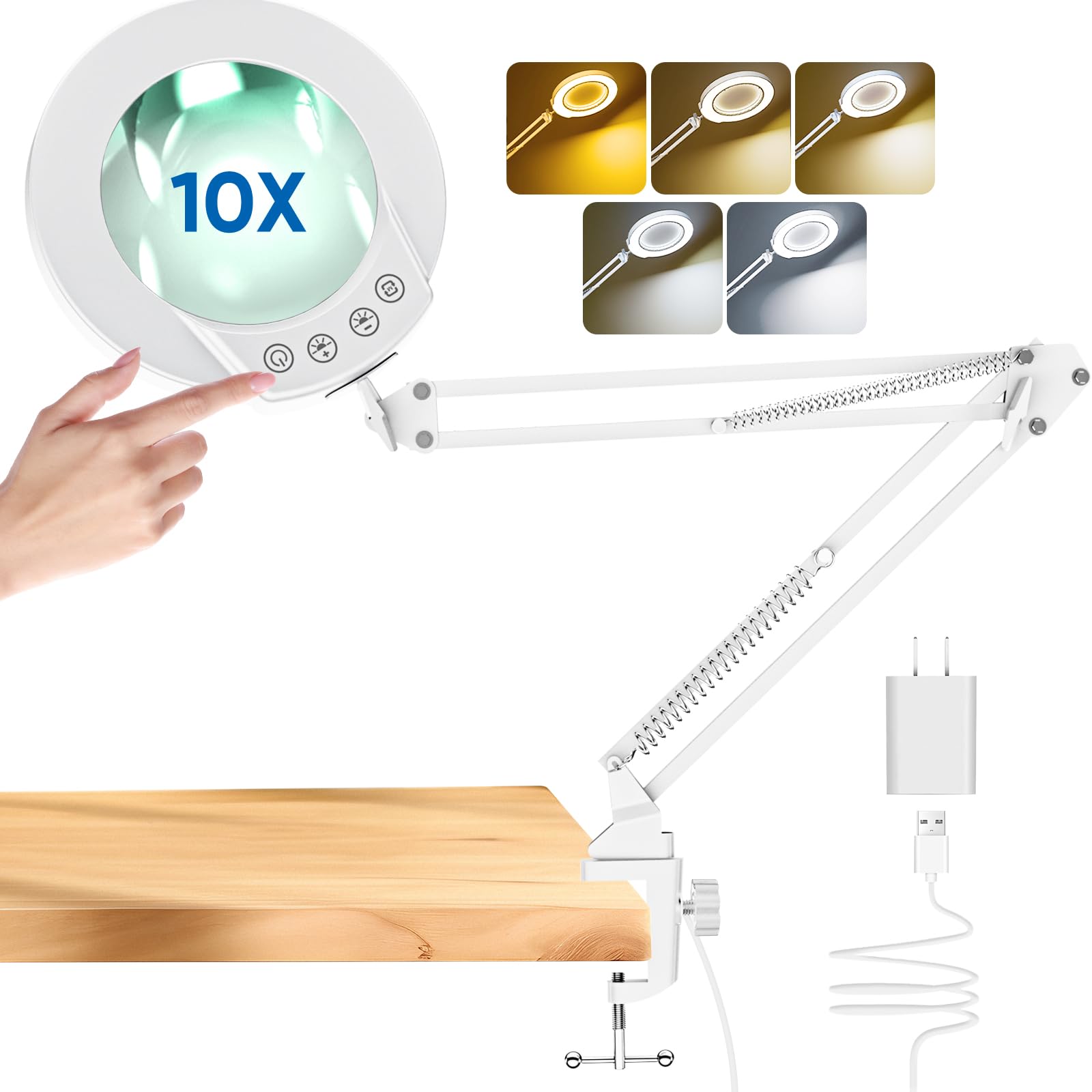 10X Lupa con Luz y Abrazadera, Lupa Iluminada de Cristal Genuino con 5 Modos de Color y Intensidad Regulable sin Escalones, Lámpara de Escritorio Manos Libres para Hobbies, Manualidades