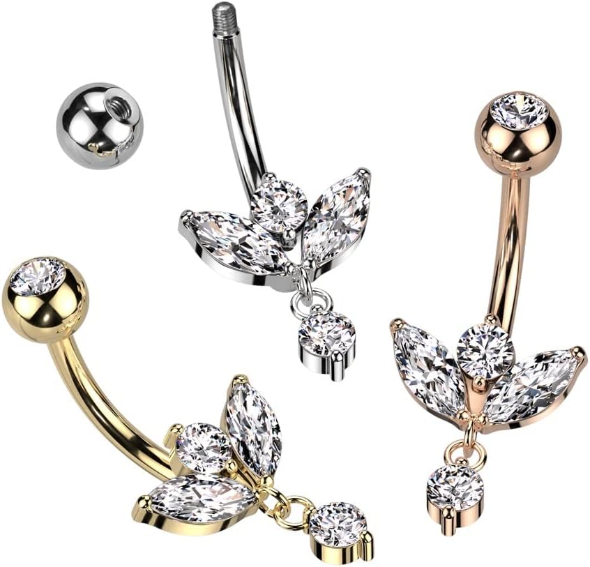 Pierced Owl 14GA 316L Stainless Steel CZ Crystal Marquise with Dangling Gem Belly Button Ring - Image 3