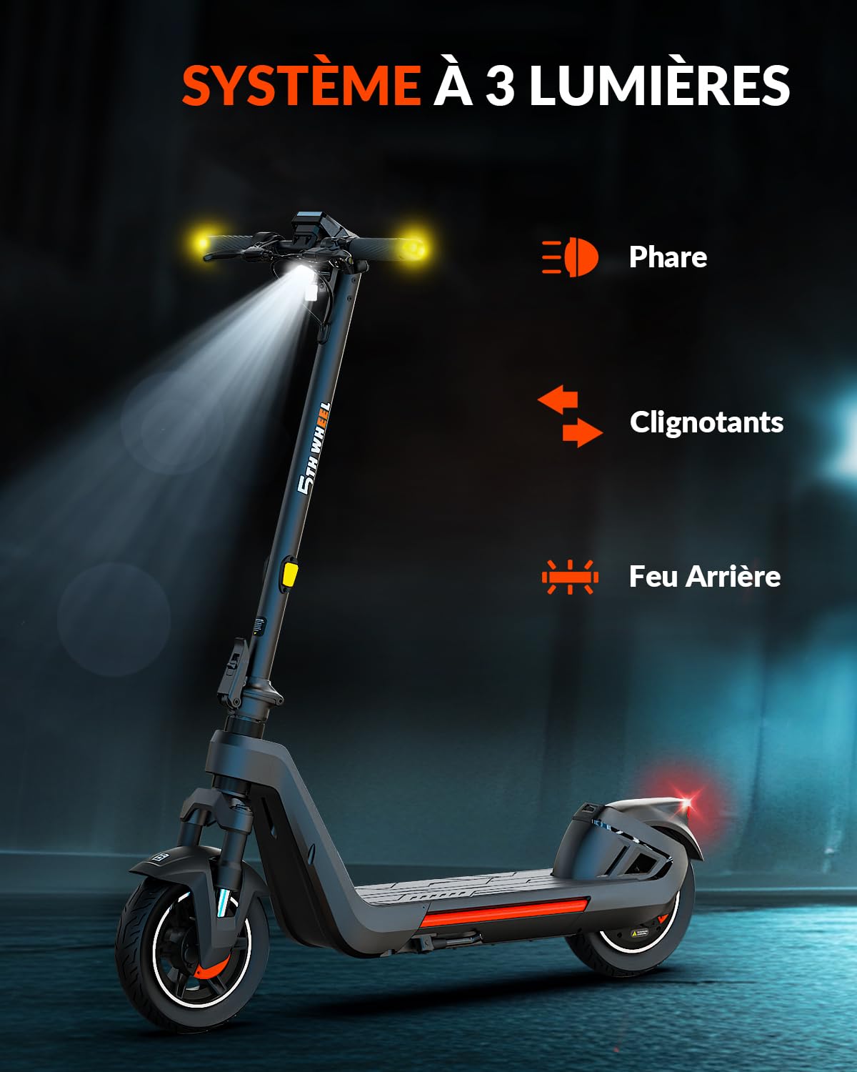 5TH WHEEL ES15 Trotinette électrique Adulte, Moteur jusqu'à 1200W/25km/h, 65KM Autonomie, Pneus Tubeless 11", Trotinette électrique Pliable avec Suspension Avant, App, Triple Freinage, Charge 150kg