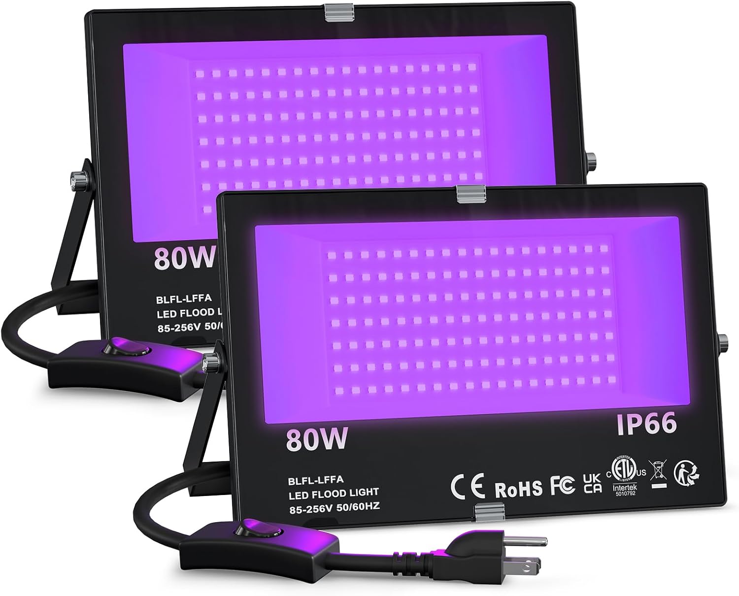 Black Light 80W LED Blacklight for Glow Party, Halloween Decorations, Neon Birthday Party, Body Paint, Fluorescent Tapestry Poster, IP66 Waterproof UV Flood Light Outdoor with Plug and Switch, 2 Pack