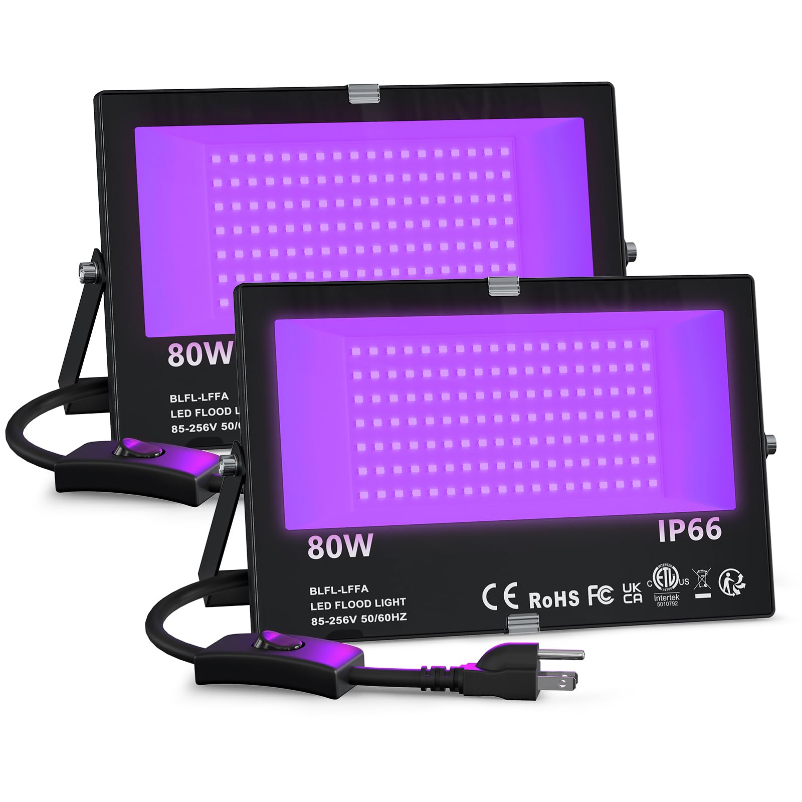 Black Light 80W LED Blacklight for Glow Party, Halloween Decorations, Neon Birthday Party, Body Paint, Fluorescent Tapestry Poster, IP66 Waterproof UV Flood Light Outdoor with Plug and Switch, 2 Pack