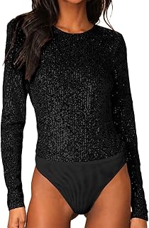 Long Sleeve Sequin Bodysuit Glitter Sparkle One Piece Top with Sheer Mes...