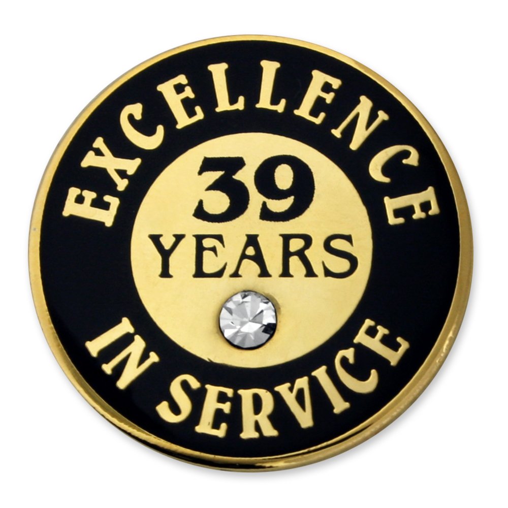 PinMart Gold Color Plated Excellence in Service Year Award Lapel Pin – Metal Enamel Workplace Reward Pin w/Rhinestone – 1-60 Years Pins for Long Standing Employees