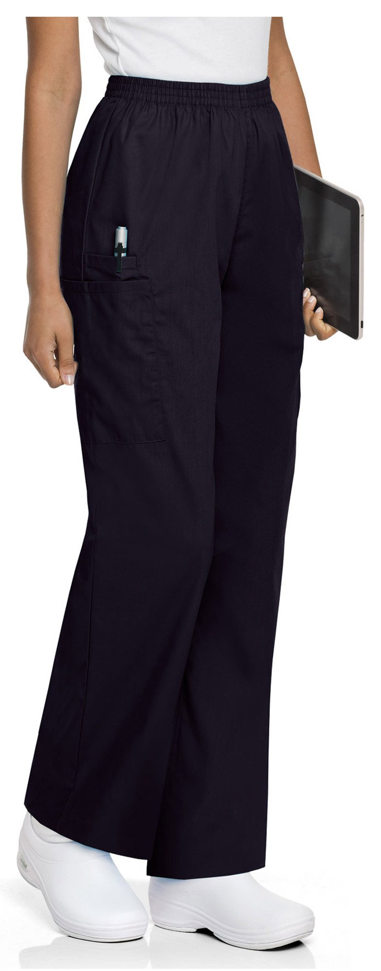 LandauScrubZone Women's Full Elastic Waist Cargo Scrub Pant, Navy, Petite 3X