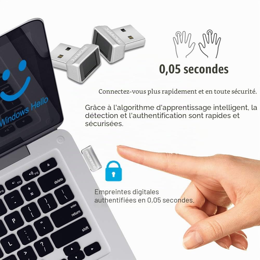 ARCANITE USB Lecteur d'empreintes digitales pour Windows 11/10 Hello, dispositif de sécurité à capteur à 360 degrés 0,05 s