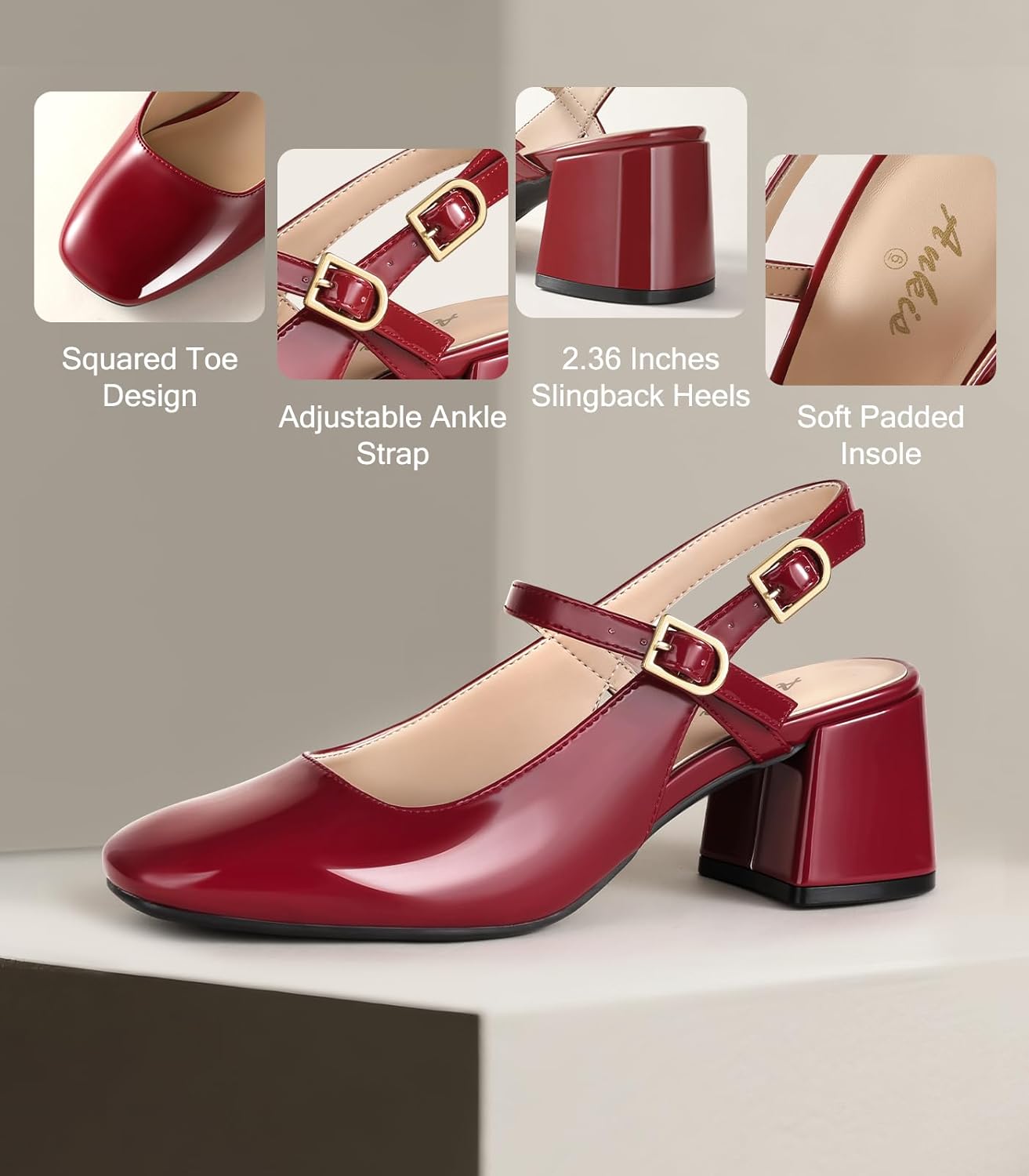 Ankis Mary Jane Chunky Low Heels Dress Shoes for Women Slingback Square Closed Toe Heels Wedding Party Pumps - Image 5