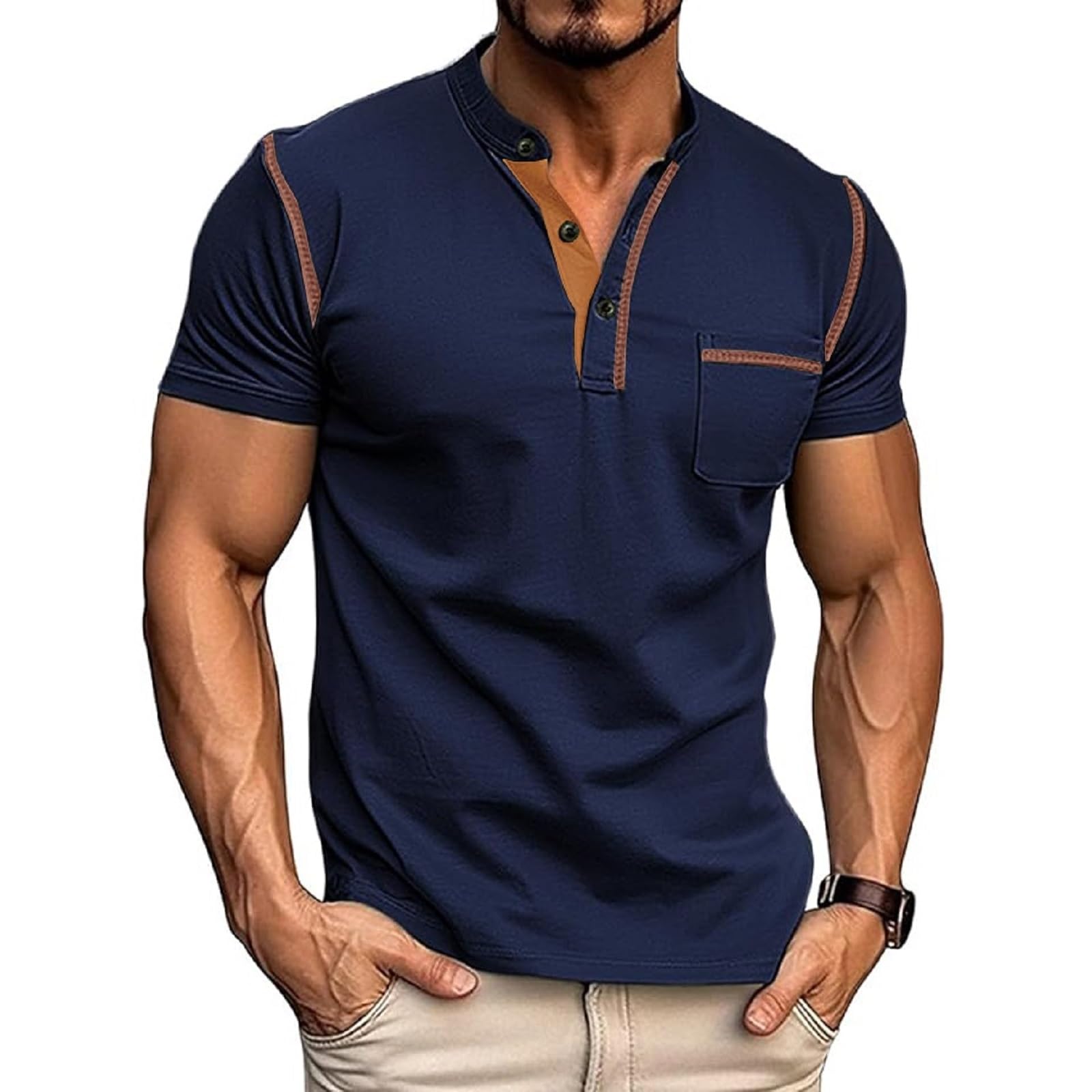Rela Bota Men’s Henley Shirts Short Sleeve Casual Basic T-Shirts Fashion Classic Lightweight Button Tee Tops Blue