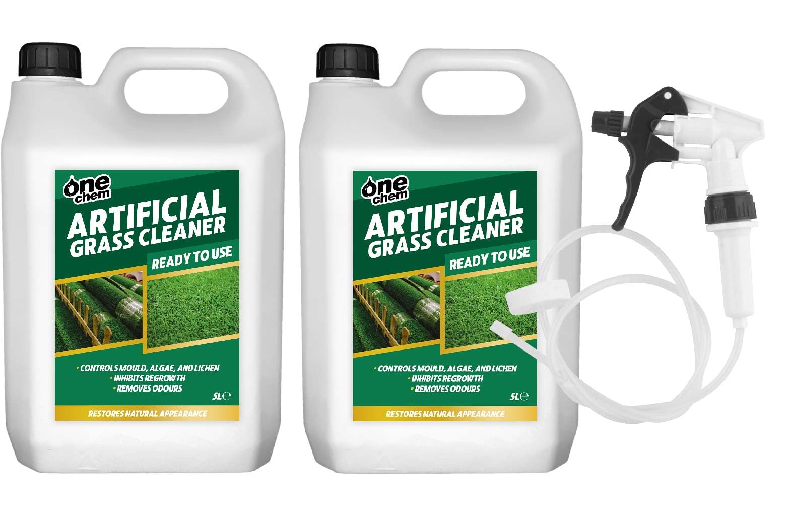 One Chem Artificial Grass Cleaner, 2 x 5 Litre, Pet Urine, Odour Remover - with Long Hose Trigger