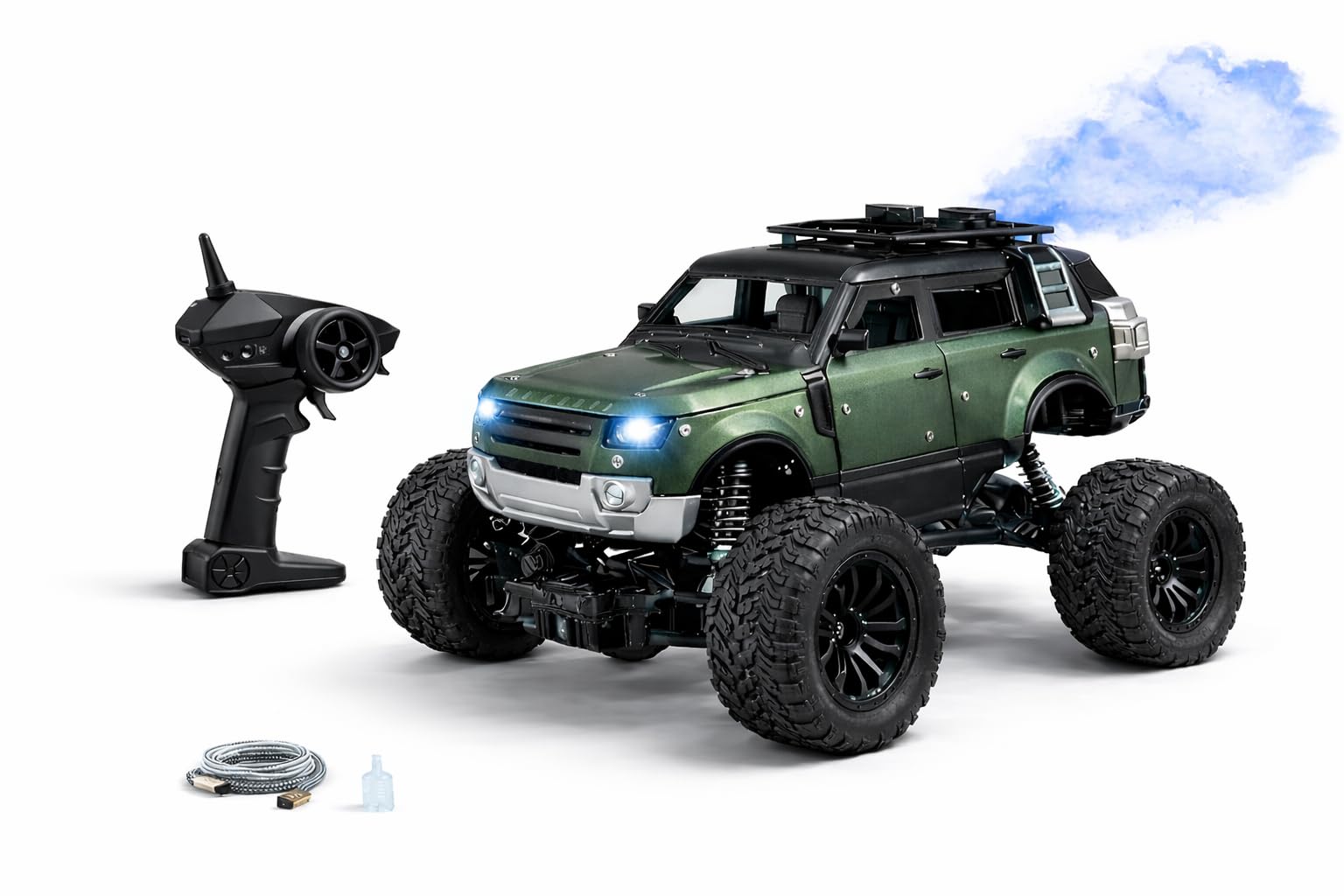 200+ Feet Range Rechargeable Metal Body Defender RC Rock Crawler Car with Double Mist Spray, LED Headlights, Type-C Port, Off-Road Remote Control Monster Truck Toy for Kids (Green)-image-23