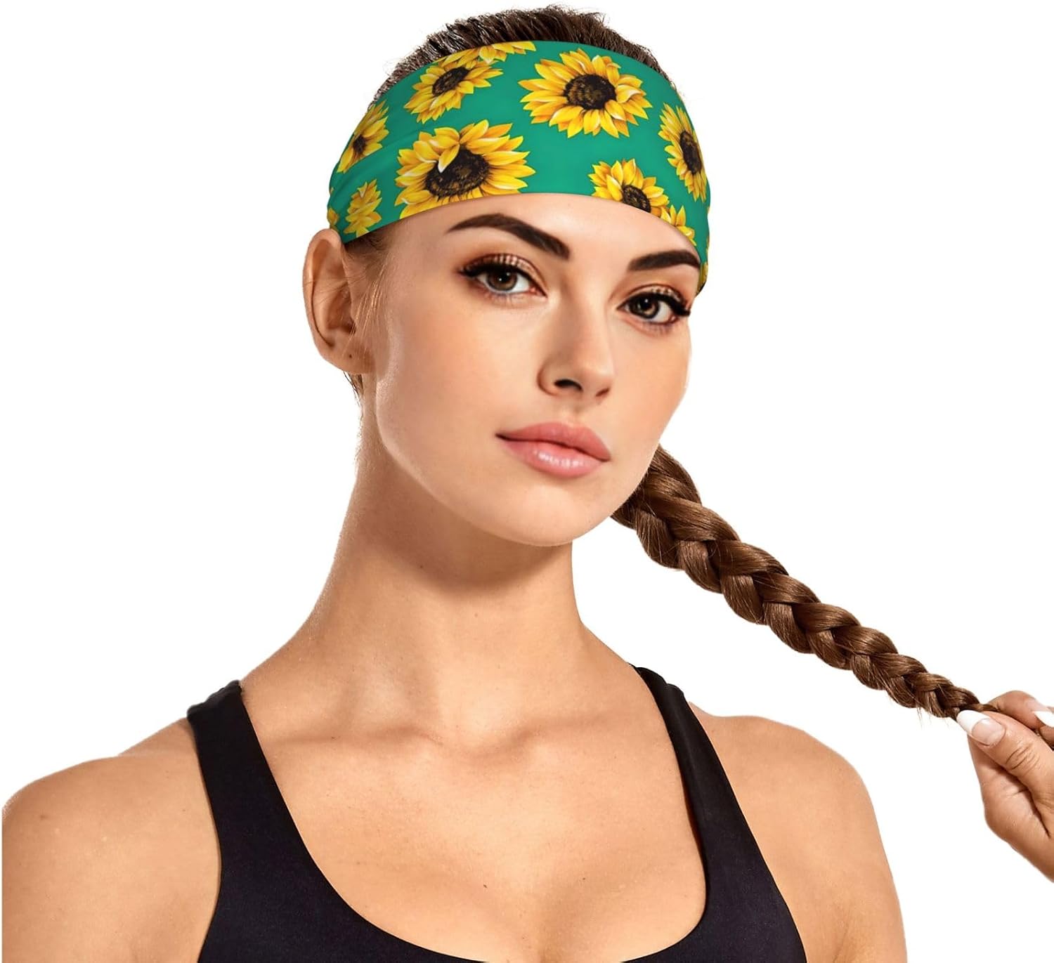 Spring Sunflowers Flowers Print Wide-Brimmed Fashionable Elastic Exercise Headband for Running and Workouts
