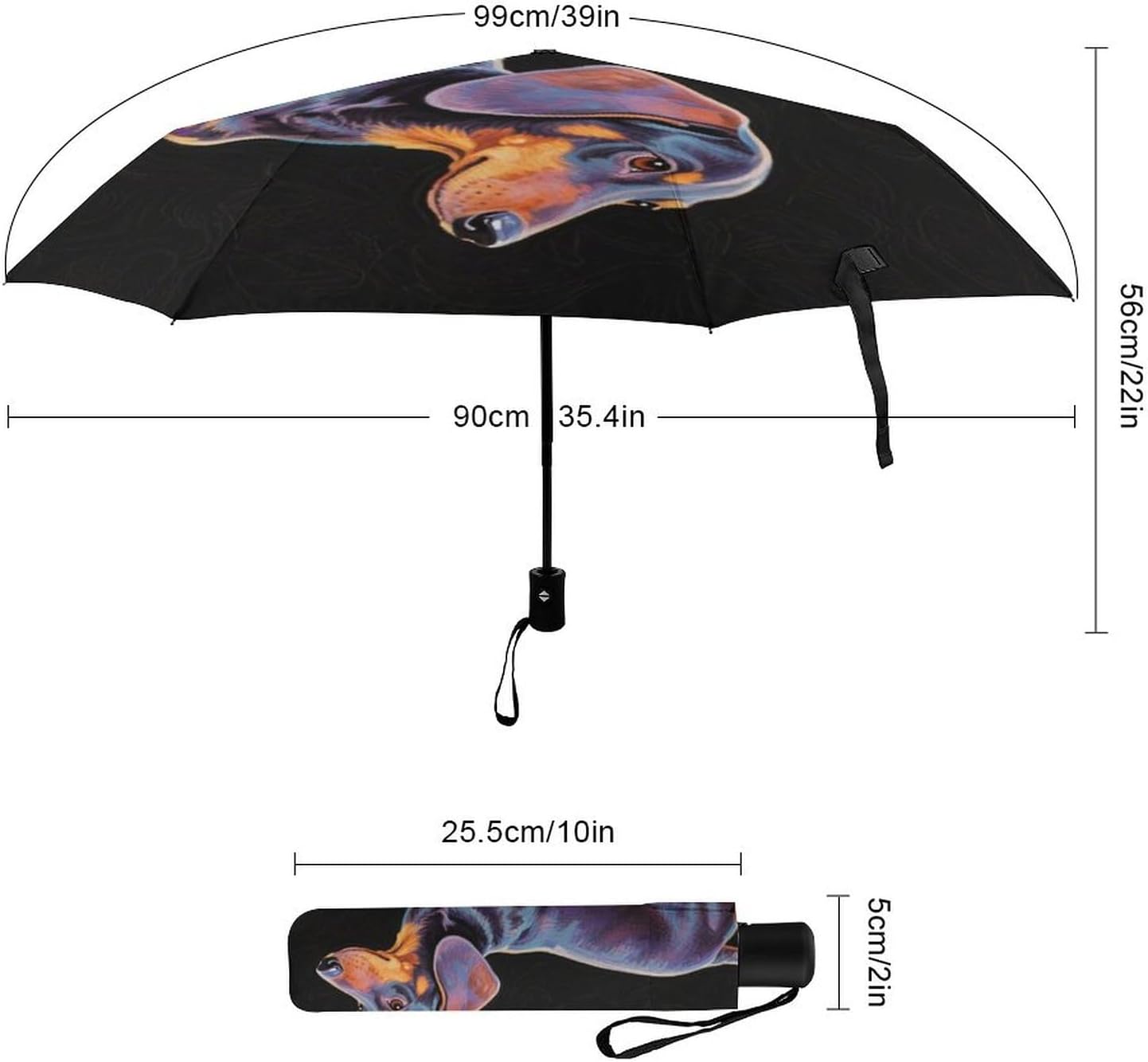 Cartoon Dachshund Weiner Dog Pet Art Travel Sun & Rain Windproof Umbrella, Lightweight Portable Automatic Umbrellas Golf Umbrellas for Women Men, Umbrella for Summer