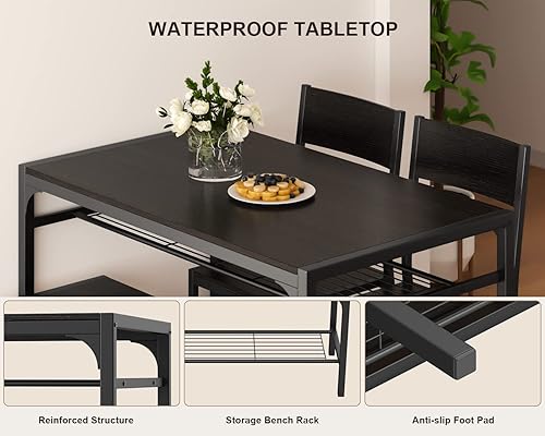 Miniatura 5 de Gizoon Mesa de cocina y 2 sillas para 4 personas con banco, juego de mesa de comedor de 4 piezas para espacio pequeño, apartamento Negro