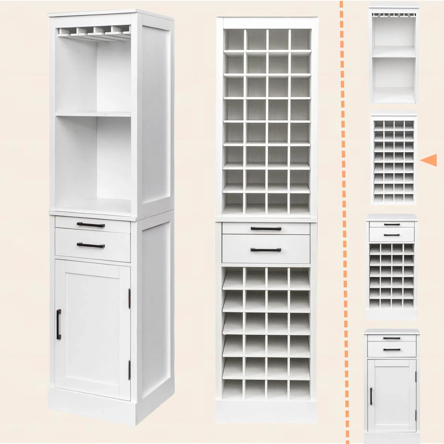 WERSMT 8-Tier Freestanding Wine Rack Wood, 32 Bottles Wine Rack Counter for Small Space, Farmhouse Stackable Modular Wine Bottle Holder Rack, White