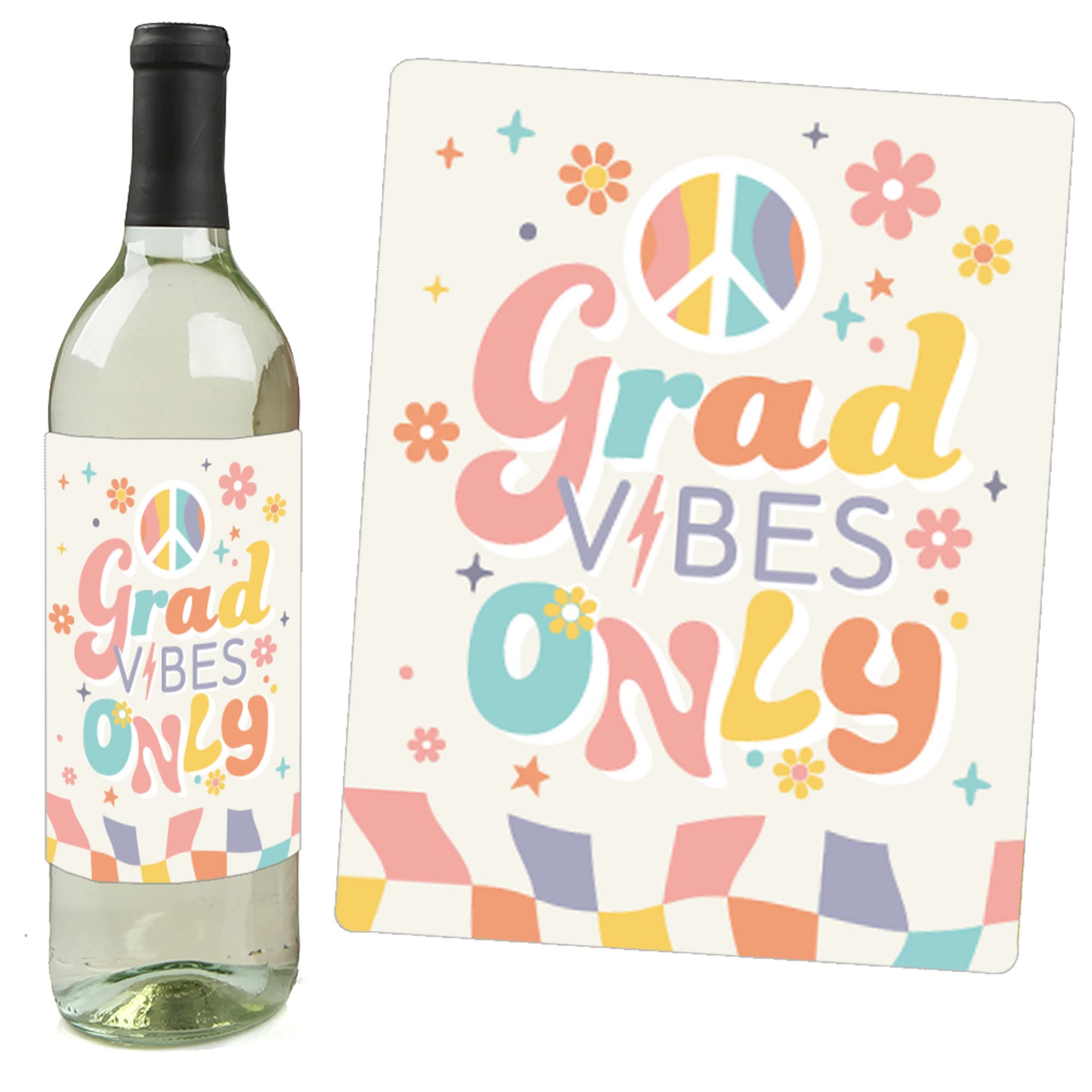 Big Dot of Happiness Groovy Grad - Hippie Graduation Party Decorations for Women and Men - Wine Bottle Label Stickers - Set of 4
