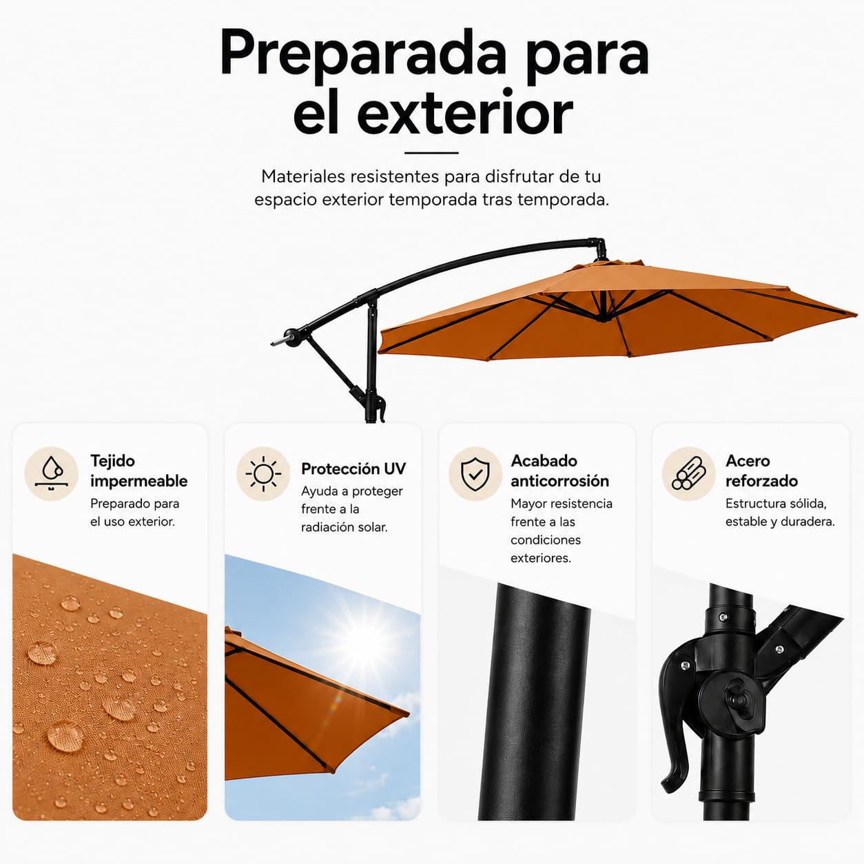 Sombrilla Terraza Exterior 3 m Lateral Inclinable 360° – Parasol Excéntrico de Jardín con Manivela, Mástil Lateral, Protección UV, Tejido Impermeable, Kaki (sin base)