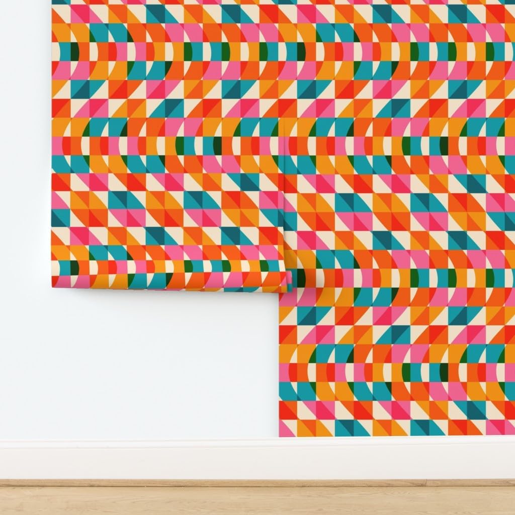 Spoonflower Removable Wallpaper 3ft x 2ft - Retro Checkered Waves Pink Green Blue Red Orange Stripes Custom Pre-Pasted Wallpaper
