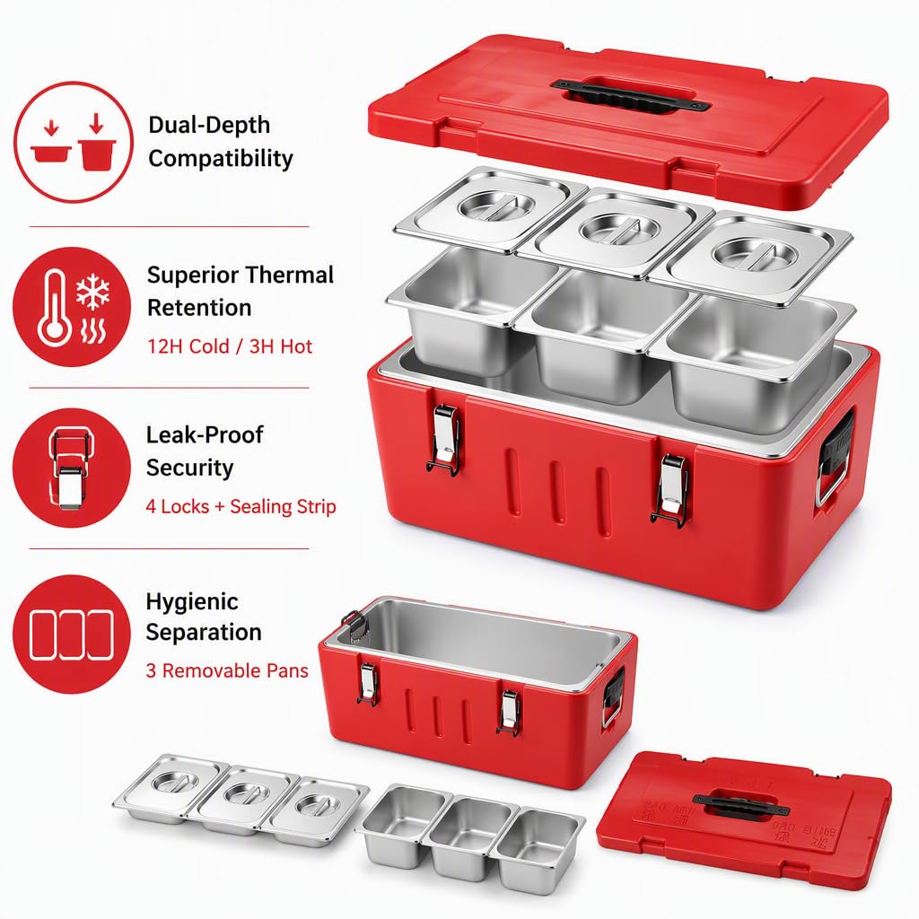 Contenitore termico per alimenti da 27 QT, ideale per buffet allaperto con 3 vaschette in acciaio inox e bacinelle per alimenti profonde 5,9 pollici, perfette per il catering. (7.87in)
