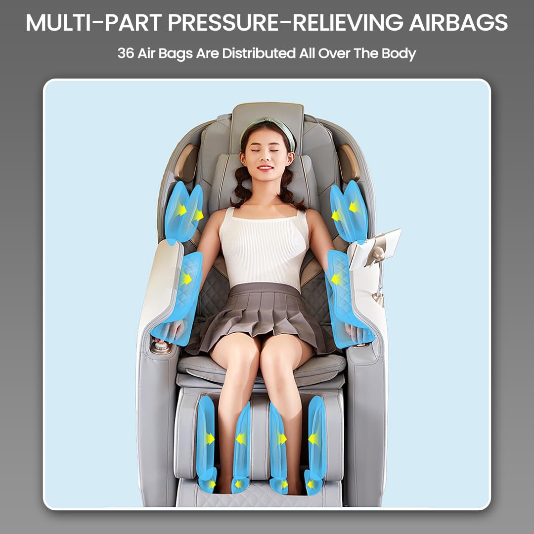 Infographic detailing 9 major functions of the massage chair: 3D Smart Movement, SL Long Guide Rail, 18 Sets of Massage Programs, 6 Massage Techniques, 3D Airbag Package, Hot Compress On Waist And Legs, Body Shape Detection, 2nd Gear Gravity, 3 Modes Of Operation.
