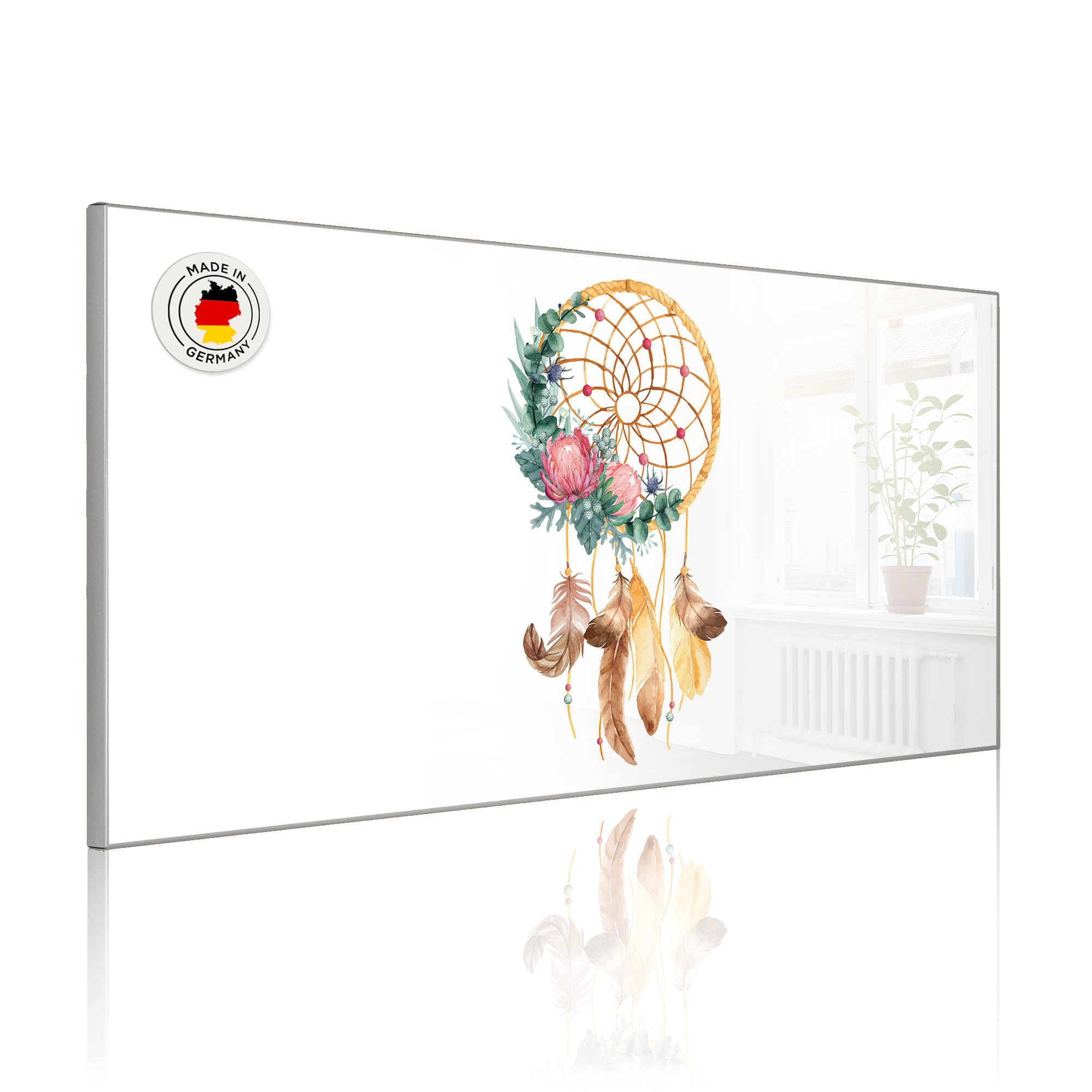 banjado Magnettafel Metall 78 x 37cm - beschreibbare Magnettafel - Metall Pinnwand als Memoboard - Magnetwand Küche, Büro, Kinderzimmer Grau inkl. 4 Magnete & Montageset - Motiv Traumfänger Federn u