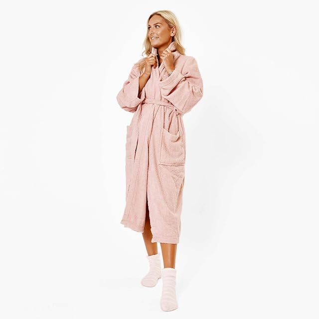 Brentfords 100% Cotton Towel Bath Robe Soft Terry Towelling Dressing Gown Absorbent Shawl for Men Women Kids - One Size Fits All, Blush Pink