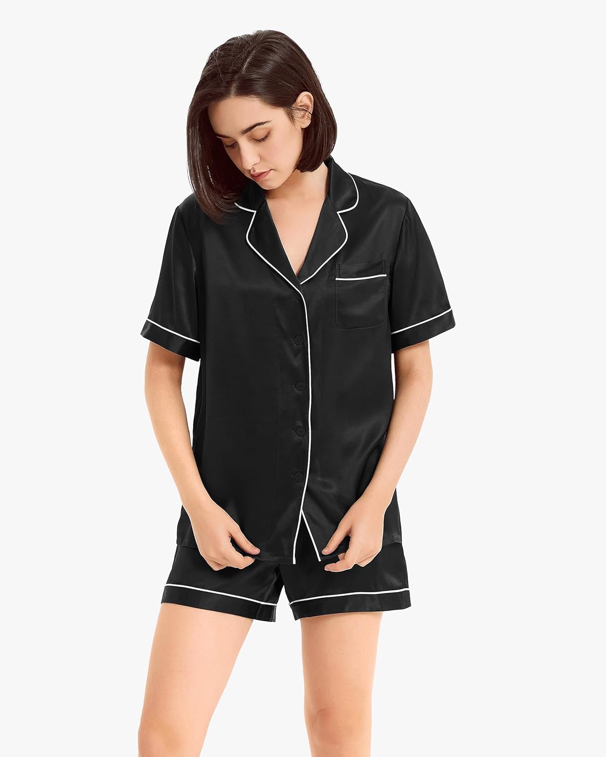 Completo Pigiama Estivo da Donna in 2 Pezzi - Pigiama A Maniche Corte, Fresco E Morbido con Bordino, Ideale per Dormire E Rilassarsi. Navy Blue X-Small