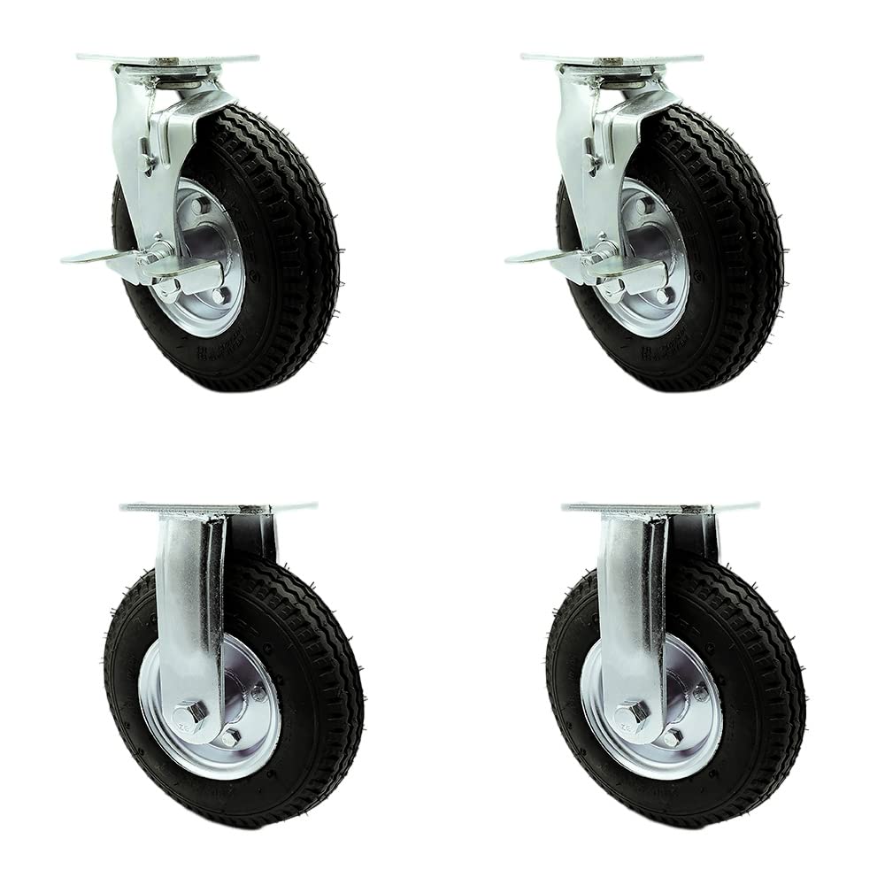 8 Inch Swivel Pneumatic Casters Set of 4 - Black Rubber Wheels - Includes 2 Swivel with Brakes and Bolt on Swivel Locks and 2 Rigid -Heavy Duty Casters-1,200 lbs. Total Capacity - Service Caster Brand