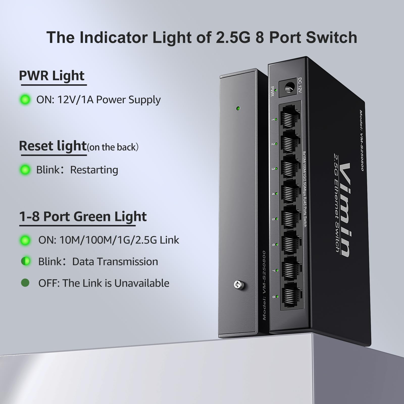2,5G Switch Unmanaged mit 8 Ports, VIMIN 8x2,5G RJ45 Anschlüsse Switch, Plug&Play 2,5G Ethernet Switch, Metallgehäuse, für Tisch- oder Wandmontage, für Heim und Büronetzwerke