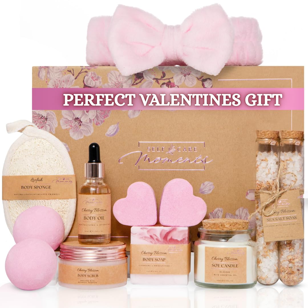 Birthday Gifts for Women with Cherry Blossom - 12 Piece Luxury Spa Gift Set for Her - Relaxation Pamper Hamper Bath Sets - Christmas Pamper Gifts for Women