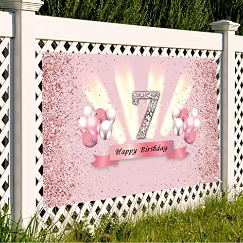 7th Birthday Decorations Happy 7th Birthday Backdrop Banner for Girls 7th Birthday Party Background Pink Party Banner with Diamond Element Kids Photo Studio Props by Tecreo - Used condition - Image 5