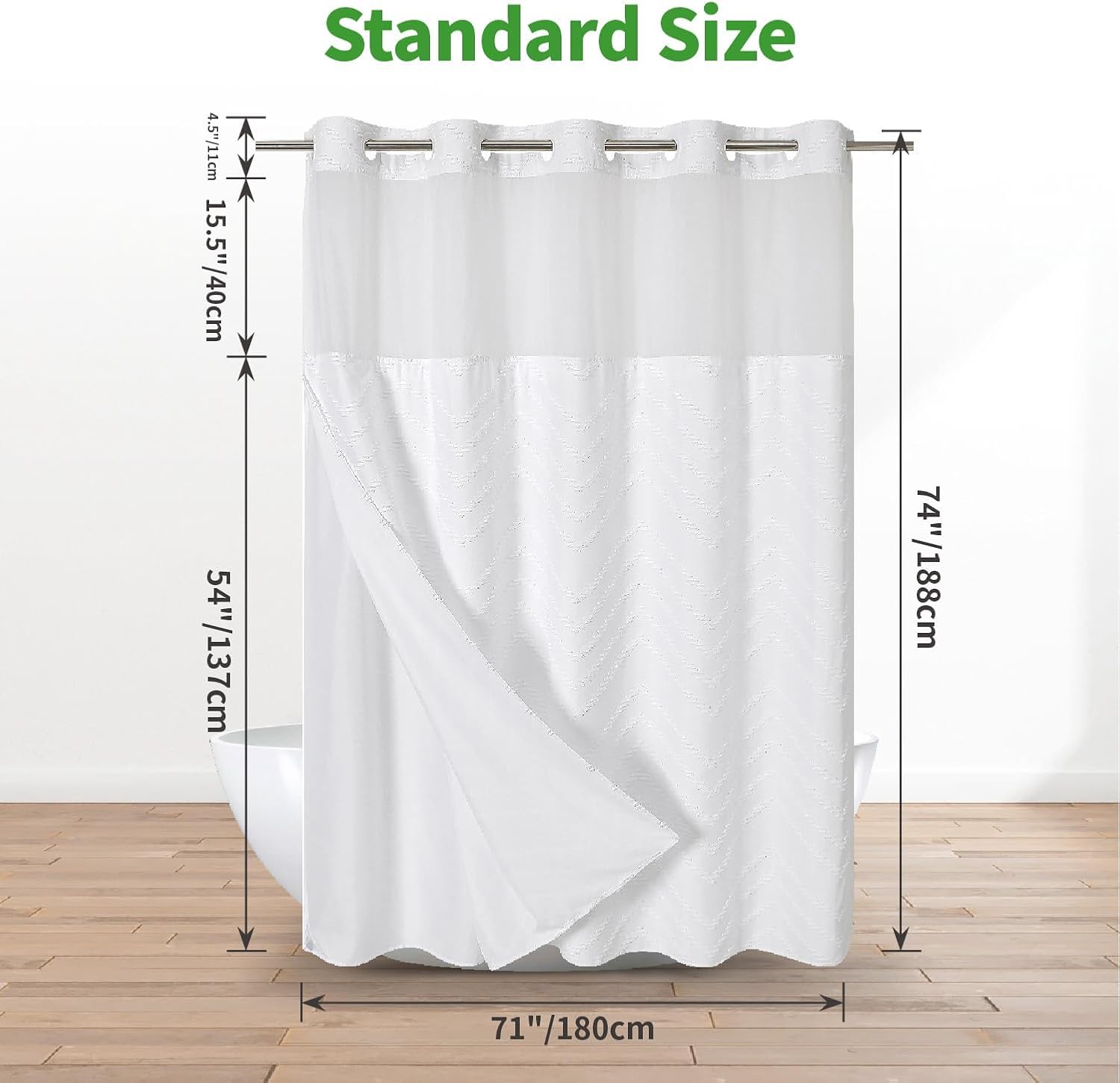 eachope No Hook Tufted Chevron Striped Shower Curtain with Snap-in Fabric Liner set-71Wx74H,Hotel Grade,Boho Style Waterproof Shower Curtain with See Through Top Window,White