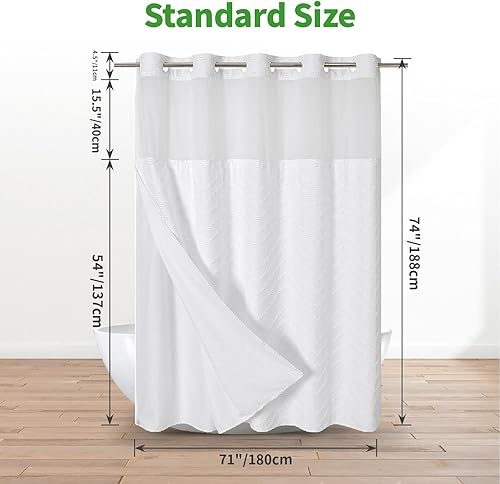 Miniatura 6 de Juego de cortina de ducha a rayas cheurón sin gancho con forro de tela a presión, 71 pulgadas de ancho x 74 pulgadas de alto, grado de hotel,