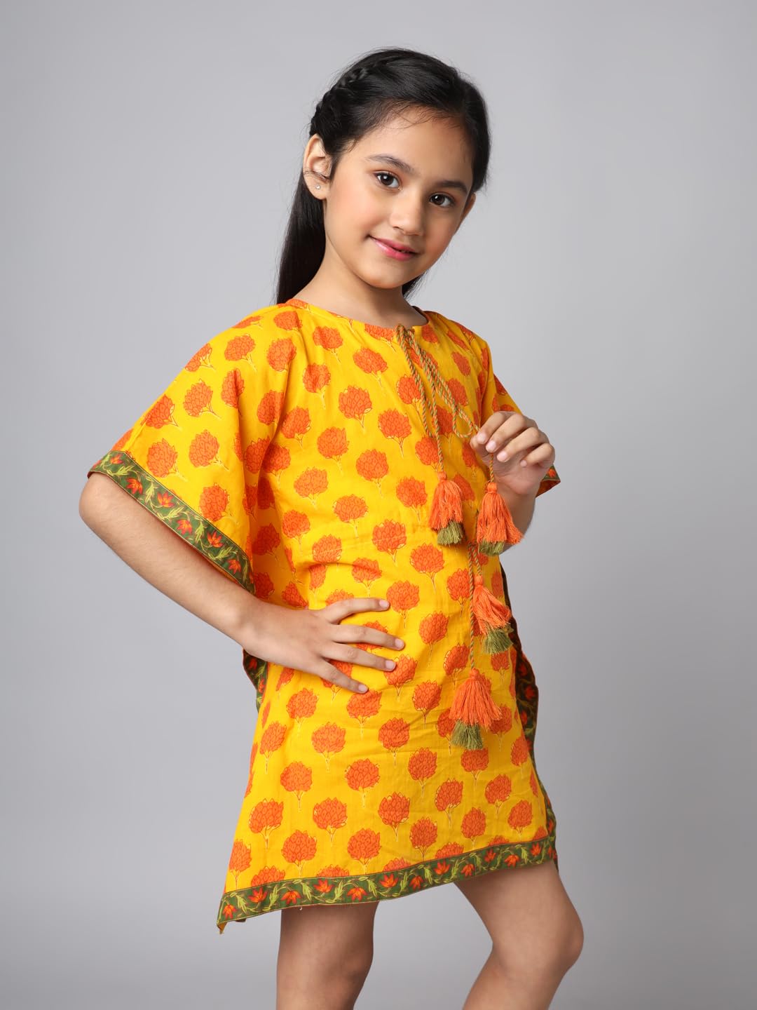 FABRIC FITOOR Girls Cotton Yellow Colour Floral Print KaftanTop (5/6y) 1