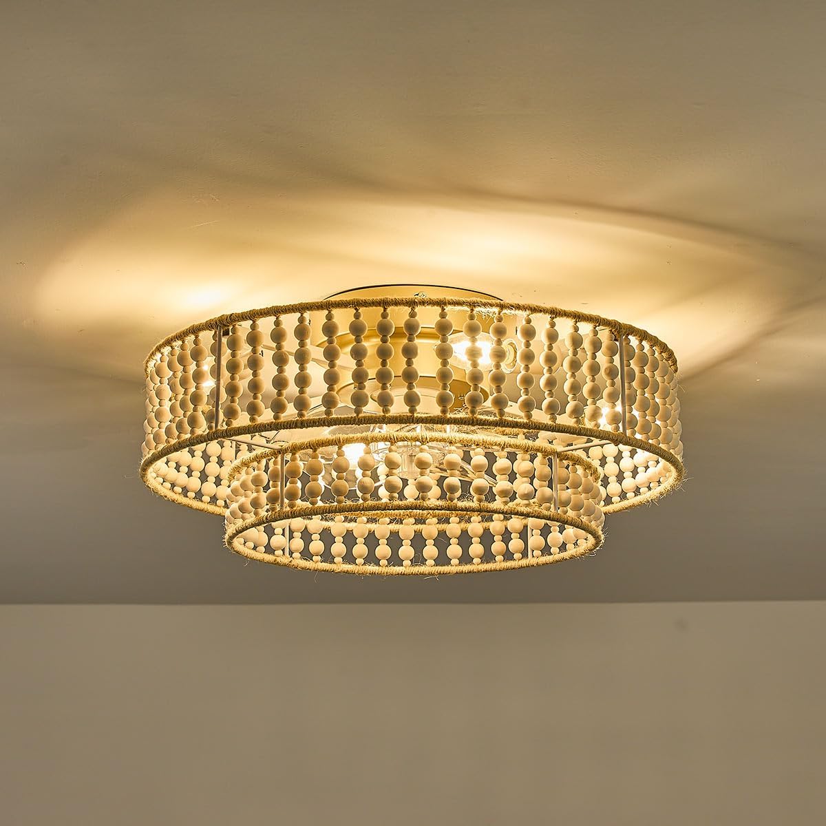 20" Boho Ceiling Fan with Lights Flush Mount,Bohemia White Wood Bead Close to Ceiling Fan Light, 4 Lights Low Profile Enclosed Ceiling Fans with Remote Control for Bedroom Living Room Kitchen