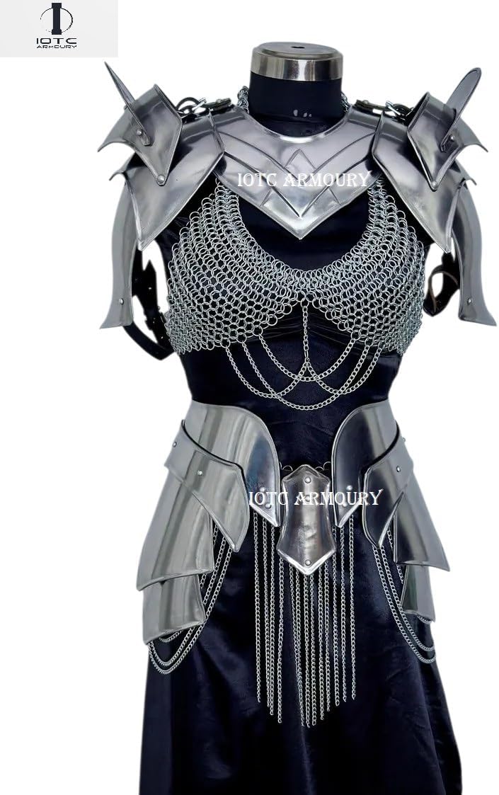 Medieval Lady Knight Armor Costume-Female Fantasy Brave Lady Chainmail Armor Tasset for LARP, Reenactment, Cosplay Event's-Halloween & Theator Act Costume Silver
