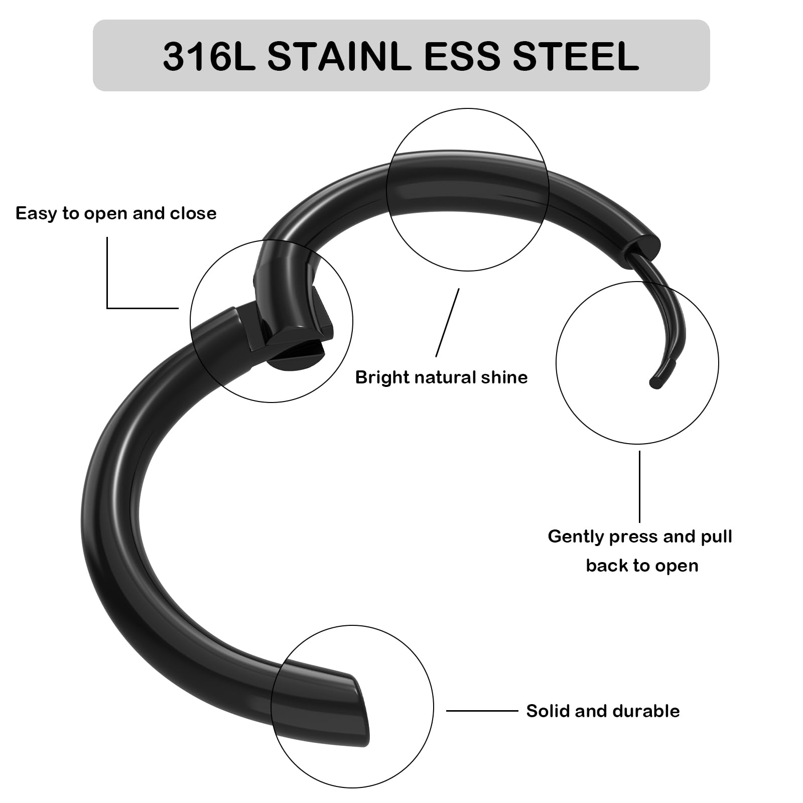 6 Paia Orecchini Acciaio Inossidabile di Orecchini Cerchio Piccoli per Uomini e Donne Ipoallergenici Set di Orecchini 8-18 mm (Nero)